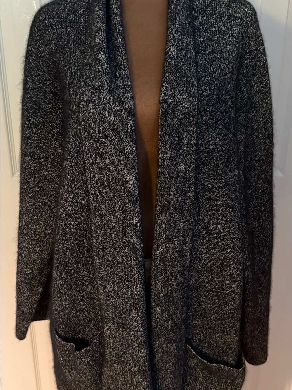 Adrienne Vittadini Open-Front Black & Gray Marled Silk/Wool Cardigan Sweater